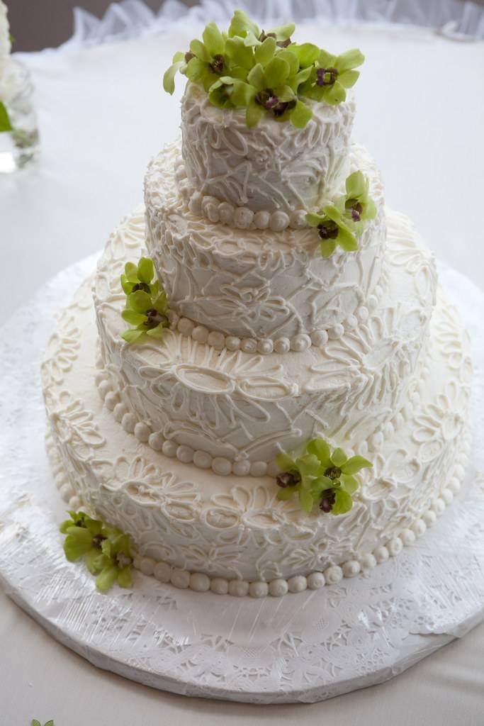 Close-up of a white cake finished with piped buttercream lace decoration, the kind of cake decorating technique taught in cake baking classes