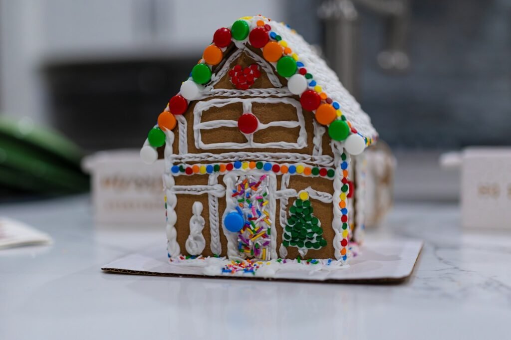 Decorated gingerbread house with candy